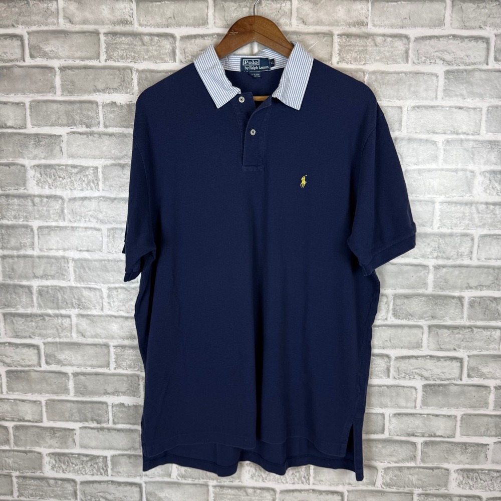 Polo Ralph Lauren Men XL Navy Blue Polo Shirt Striped Nautical Seersucker Collar